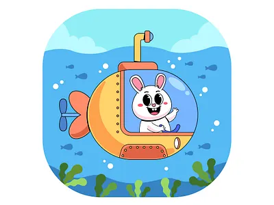 Cute rabbit riding submarine branding bunny cartoon character colorful cute design dive fish graphic design illustration logo ocean rabbit submarine ui water