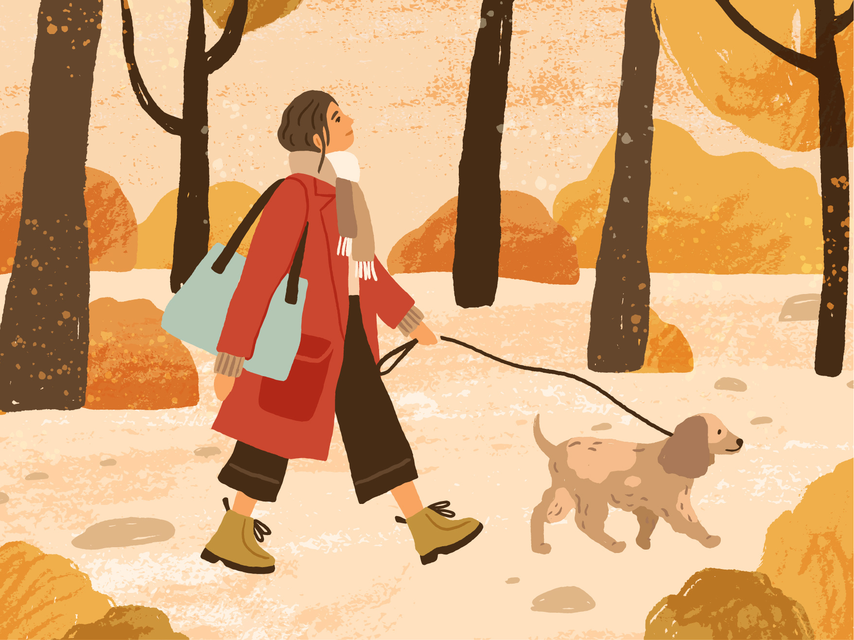 Cozy autumn postcards autumn card cozy dog fall flat forest girl house houses hygge illustration postcard procreate textured