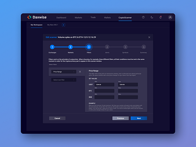 Crypto Scanner Tool UI - Setting Up Filters | Daxwis Exchange bitcoin crypto design crypto exchange crypto scanner crypto tool crypto ui crypto ux cryptocurrency cryptocurrency exchange finance fintech investing investment trading ux ux design web app web ui