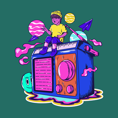 Radio Boy with vapor wave color apparel cartoon design illustration music retro t shirt vapor vaporwave vector
