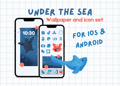Wallpaper and phone icon set ∕ Under the sea android canva digital sticker digitial illustration graphic design icon set illustration iphone phone wallpaper sea theme wallpaper