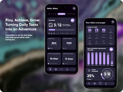 To-do list app for kids app app mobile calendar daily tasks dark theme design kids app progress bar to do list ui ux