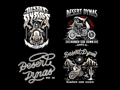 Design Package Illustration Desert Dynas branding custom design dark art desert dyna graphic design handdrawn harley davidson illustration lettering logo type motorcycle rodeo rysdsgstd skull design tshirt tshirt design vintage design western