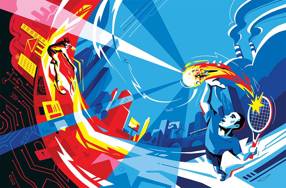 Cyber Tennis Duel 🎾 2d art article design branding design drawing flat illustration logo techart ui vector