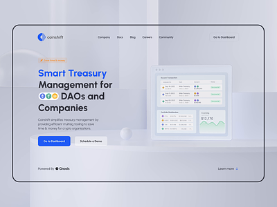 Coinshift - Smart Treasury Management for DAOs and Companies bitcoin blockchain cash clean crypto finance fintech fund funds identity insurance invest investing investments portfolio product product design ui web page
