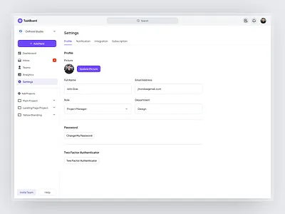 Taskboard - Settings Profile Task Management Dashboard Webapp dashboard design profile page settings settings page task management task management dashboard taskboard ui ui kit ux web app web builder