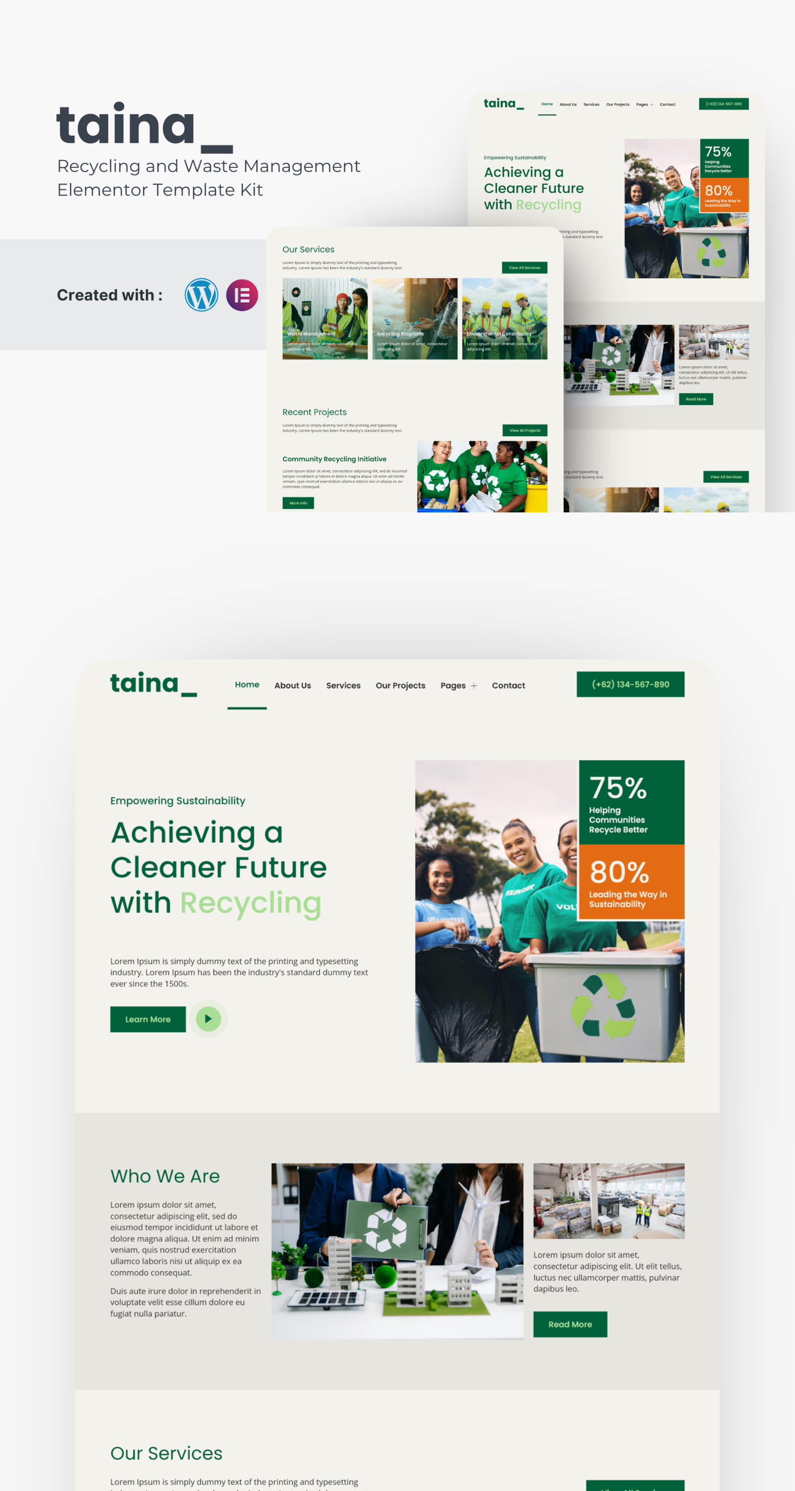 Taina - Recycling and Waste Management Elementor Template Kit branding elementor marketing minimalist modern non profit professional recycling responsive responsive design template ui ux waste management web design website wordpress