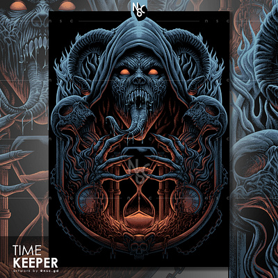 TIME KEEPER album cover apparel dark death metal demon devotee gothic halloween horns horror illustration metal art metal band metal merch monster nft scary skull time time keeper