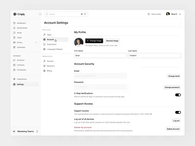 Cripsly - Account Settings CRM Dashboard account app black and white clean crm customer relationship management design edit profile management marketing minimal modern saas settings strategy technology textfield ui ux website