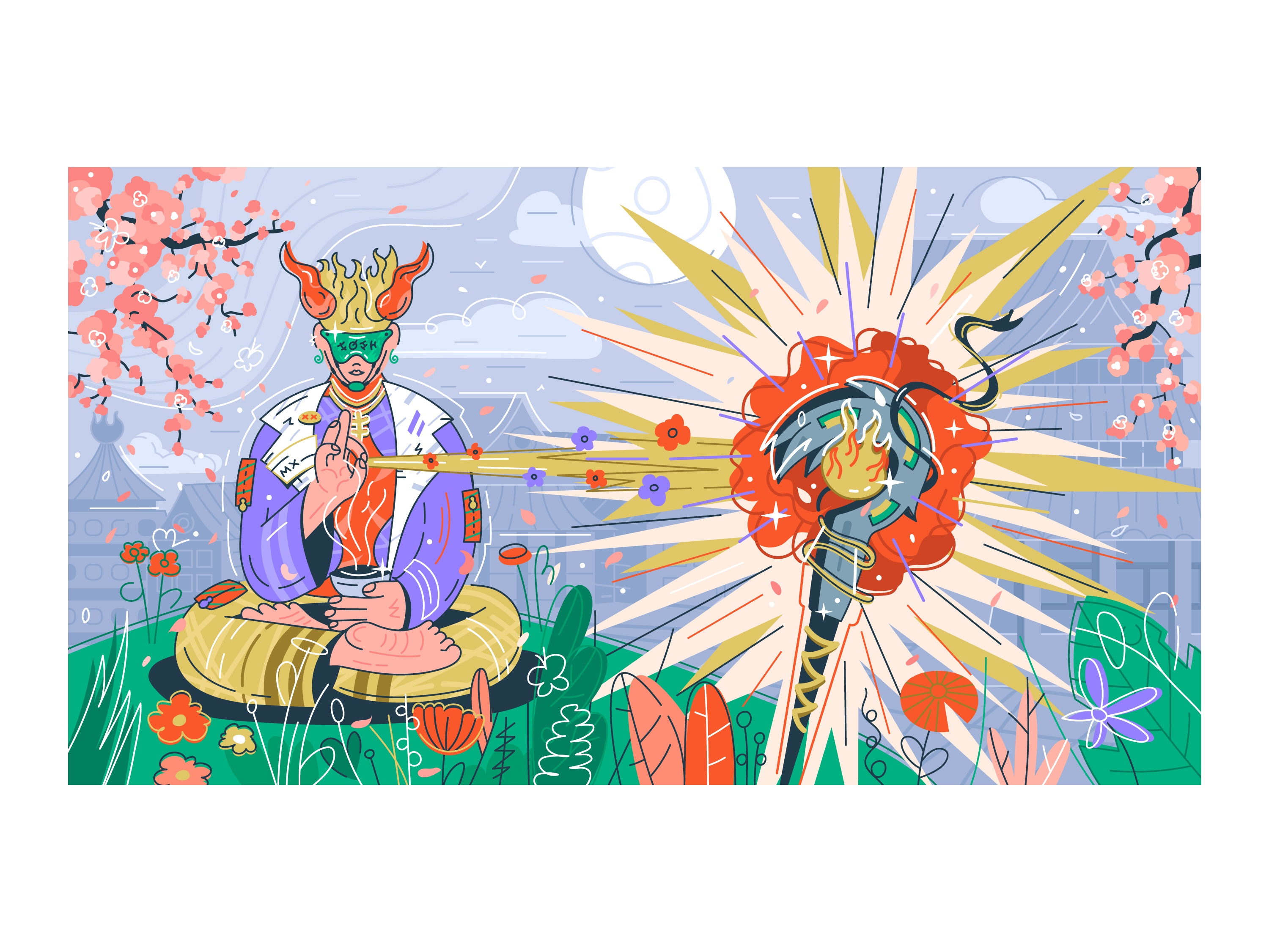 warrior meditates. fuji x marco anime art asian azuki banner cartoon character chinese design fantasy fuji illustration japanese manga medation nft scifi twitter vector warrior