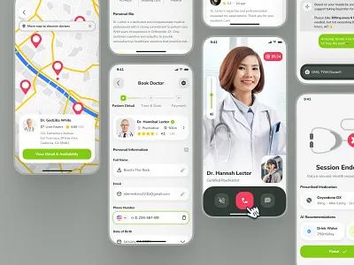 osler UI Kit: AI Telehealth App | Doctor Appointment Booking UI ai virtual health booking ui clean doctor app doctor appointment app doctor booking doctor call ui doctor consultation figma ui kit gps ui green map ui minimal modern simple telehealth app telemedicine app video call ui virtual health app virtual health companion