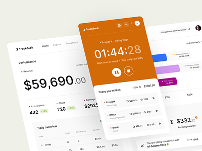 Trackdeck: dashboard, tracker widget app b2b b2c business control dashboard income manage management panel platform product time time track track tracker user experience user inteface web widget
