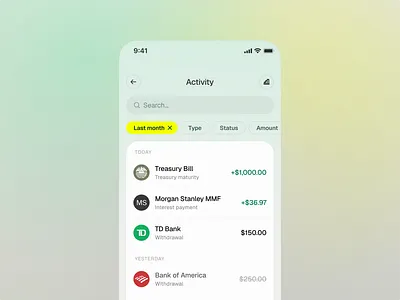 Activity page activity bank cards deposit filters finance fintech focused gradient interaction light list pills search trades transactions ui ux white withdraw