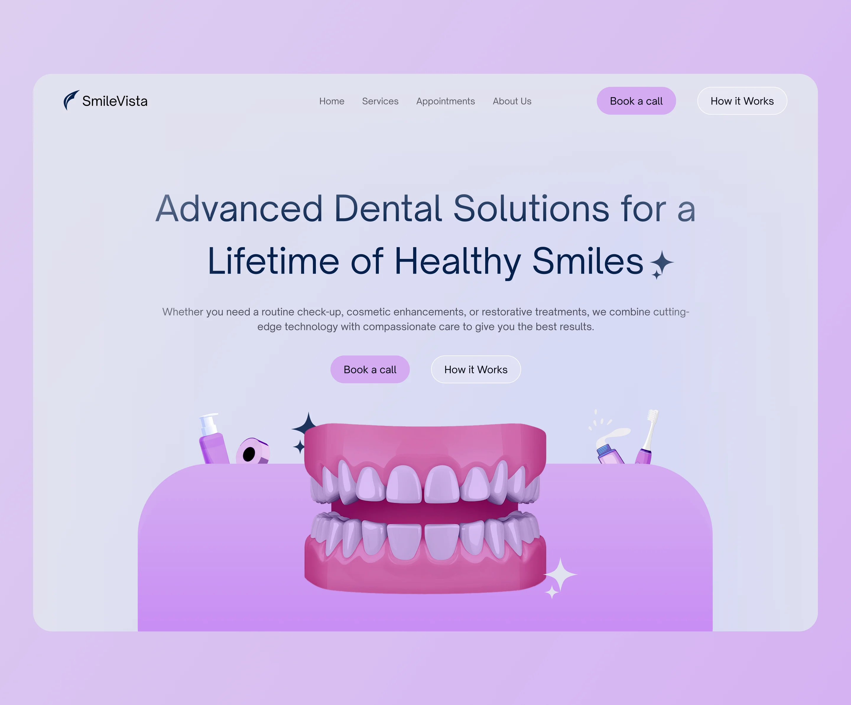 SmileVista - Modern Dental Practice Landing Page 3d branding clean dentist design doctor hero illustration teeth ui ux