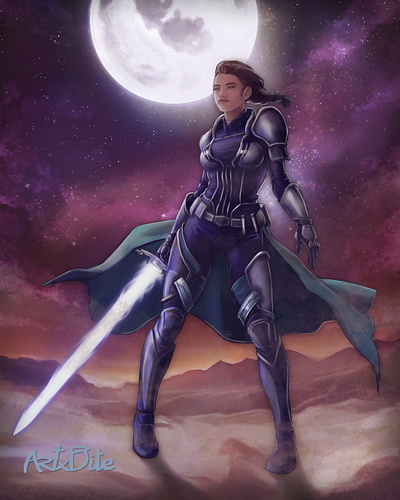 Moonlit Galactic Warrior art artist comission comissionopen concept conceptart conceptartwork design digital digitalart digitalartist drawing epic fantasy femalewarrior illustration ilustración krita lineart scifi