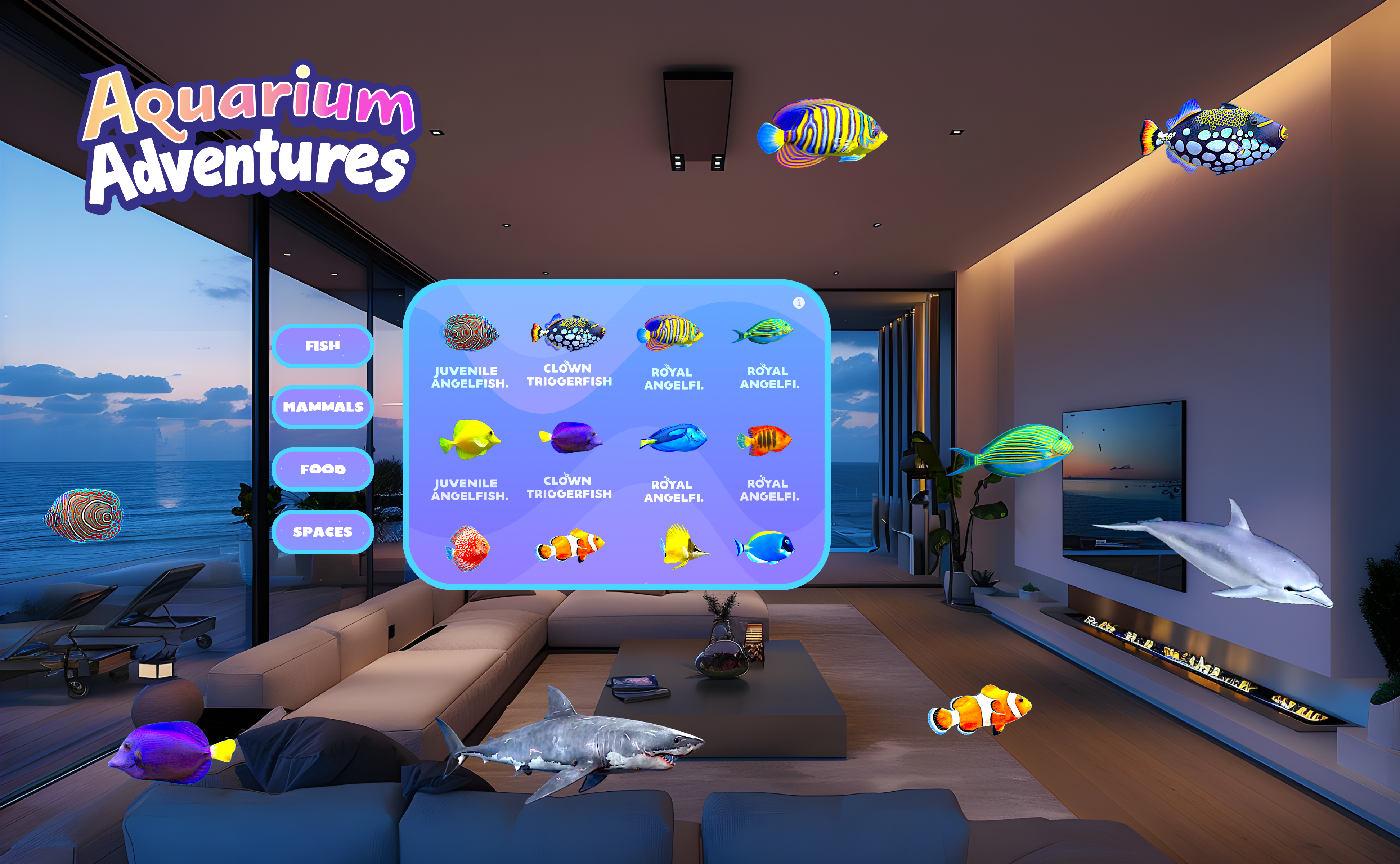 Aquarium Adventures on Apple Vision Pro 3d apple vision pro aquarium ar augmented reality fish game meta quest oculus spatial spatial design ui unity ux virtual reality vision pro visionos vr