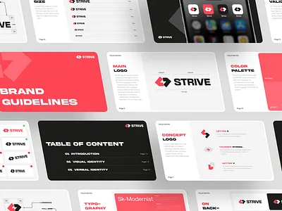 STRIVE - Tournament Game Branding bold brand brand guide brand guidelines brand identity branding game gaming gaming branding guide mockup texty tournament game visual visual identity