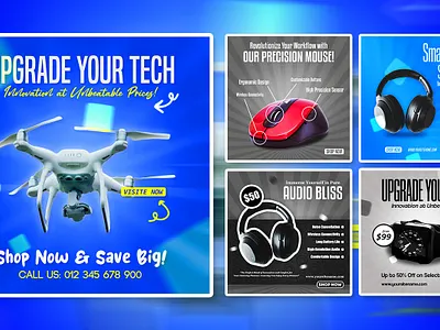Smart Gadgets Social Media Ads Banner Design ads ai branding drone graphic design headset marketing mouse promo psd social media watch