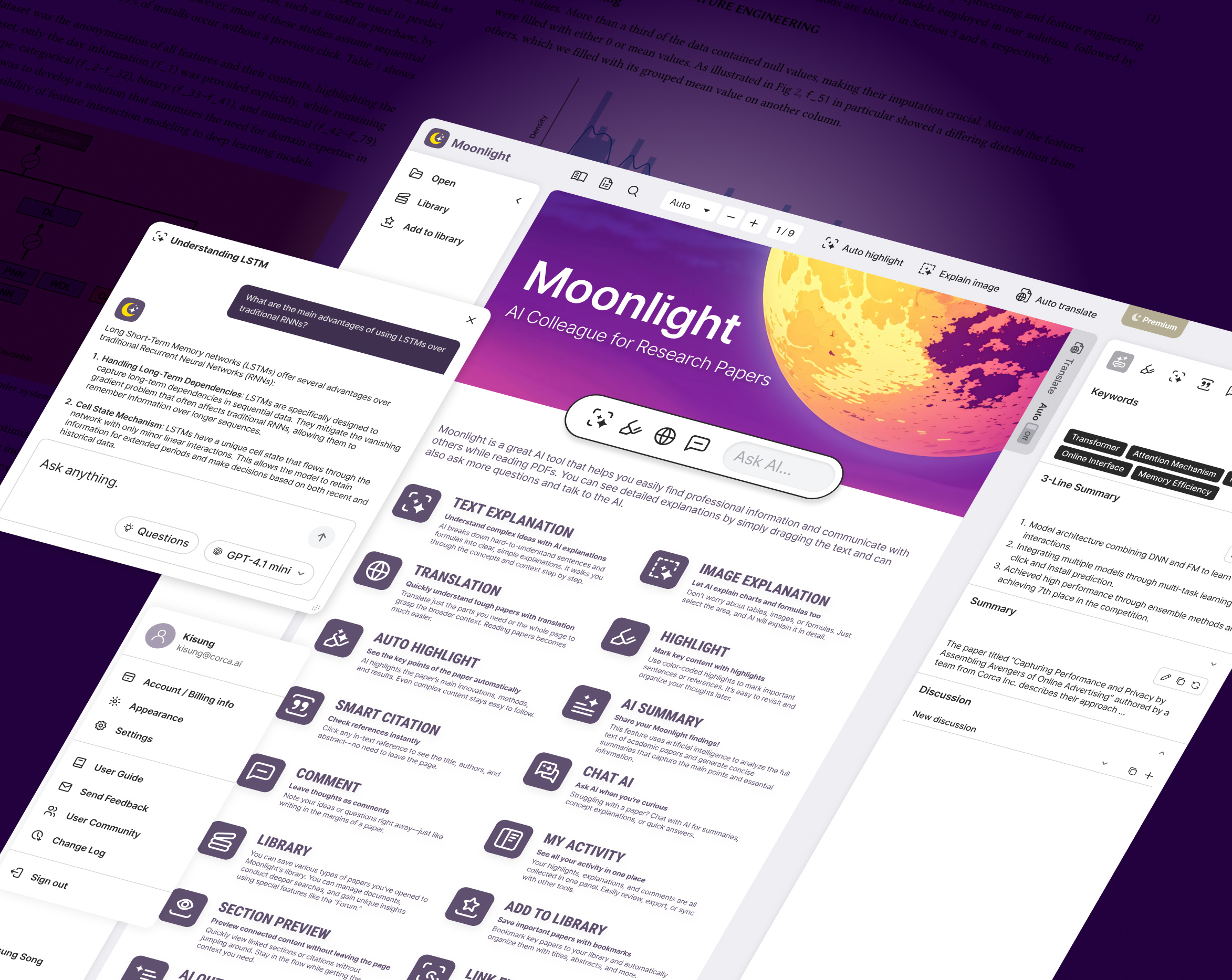 Moonlight AI PDF Paper Reader ai branding card design figma gui illustrator llm logo paper pdf product ux