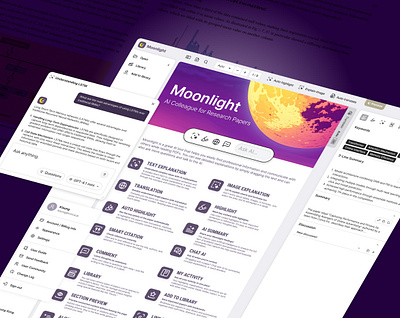 Moonlight AI PDF Paper Reader ai branding card design figma gui illustrator llm logo paper pdf product ux