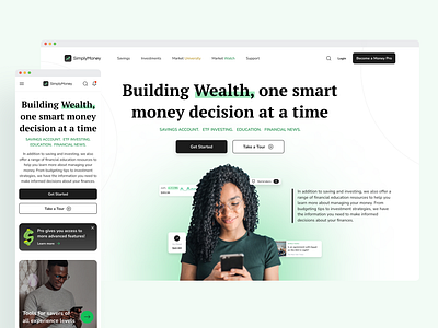 SimplyMoney - Landing Page Concept app branding design design system desktop education finance green hero investing landing page logo mobile responsive saas ui ux uxui