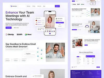 MemoSync – AI-Powered Meeting SaaS Landing Page ai meeting assistant ai meeting notes ai meeting summaries ai powered meetings ai saas ui design ai technology dashboard business automation ui clean ux design futuristic ui meeting automation software meeting transcription software modern ui design saas landing page smart collaboration tool user friendly interface web app ui