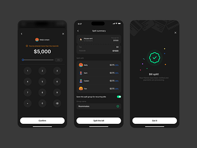 Complete Split - Splitwise bill dark mode figma fintech ios mobile app orange success screen ui uiux ux