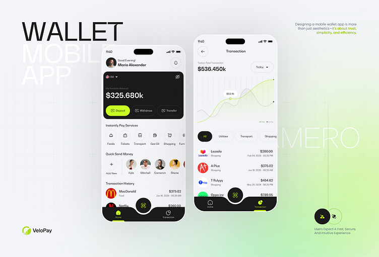 Fintech wallet mobile app UI design with balance card quick transfer transactions and finance dashboard