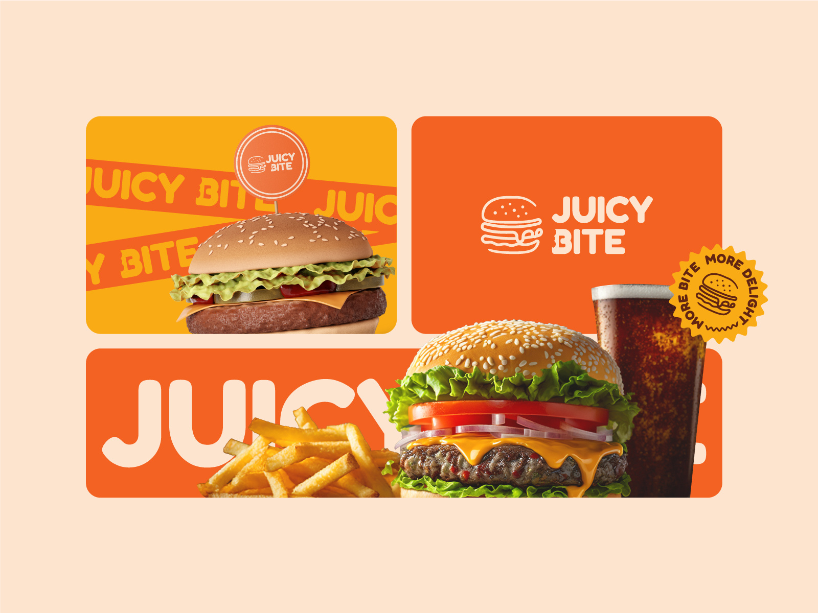 Juicy Bite Branding & Packaging Design. bevarage brand identity branding burger fast food food packaging graphic design logodesign resturent