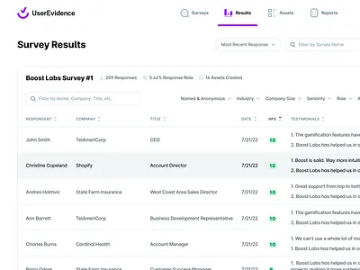 UserEvidence Survey Results Table b2b data flat minimal nps nps rating result saas survey table text ui uservidence ux web web app