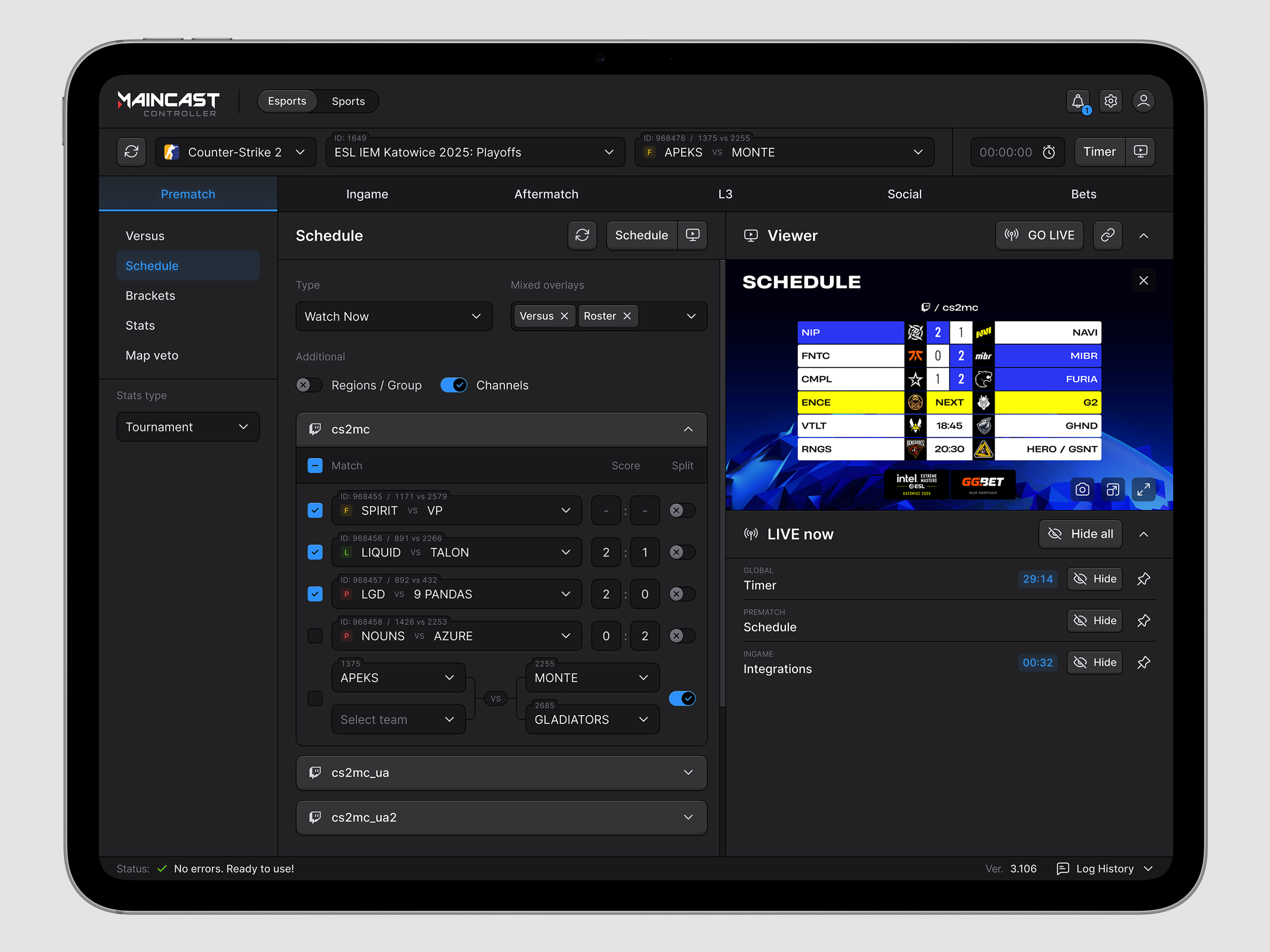 Maincast Controller — Broadcast App UI app broadcast controller editor esports live maincast sports ui ux