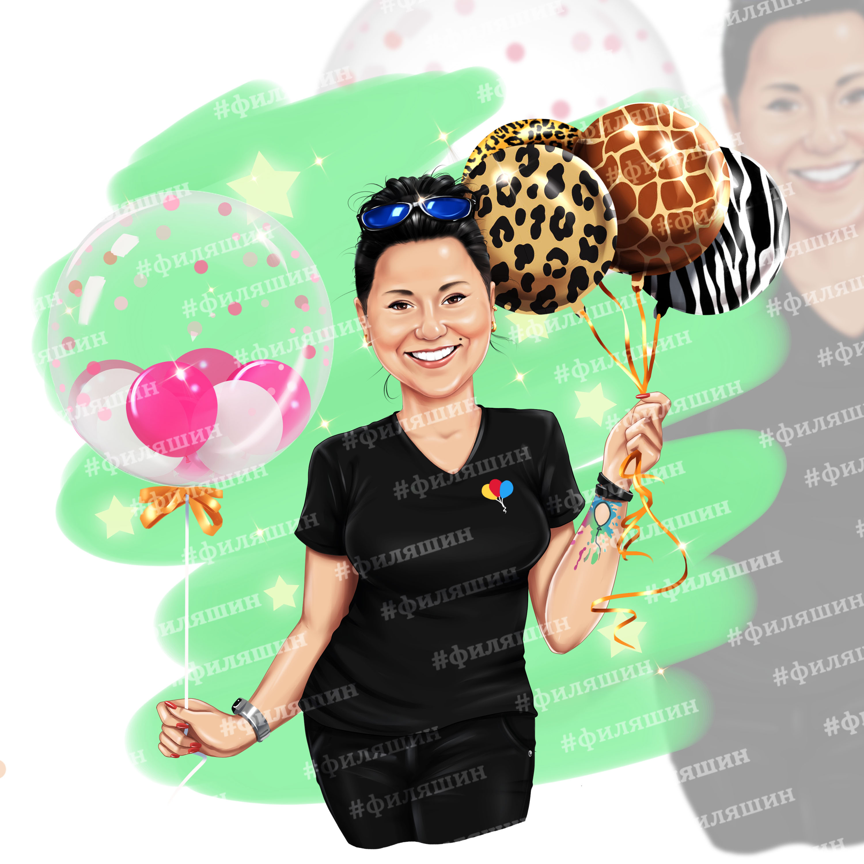 Example of Cartoon portrait to order woman with balloons