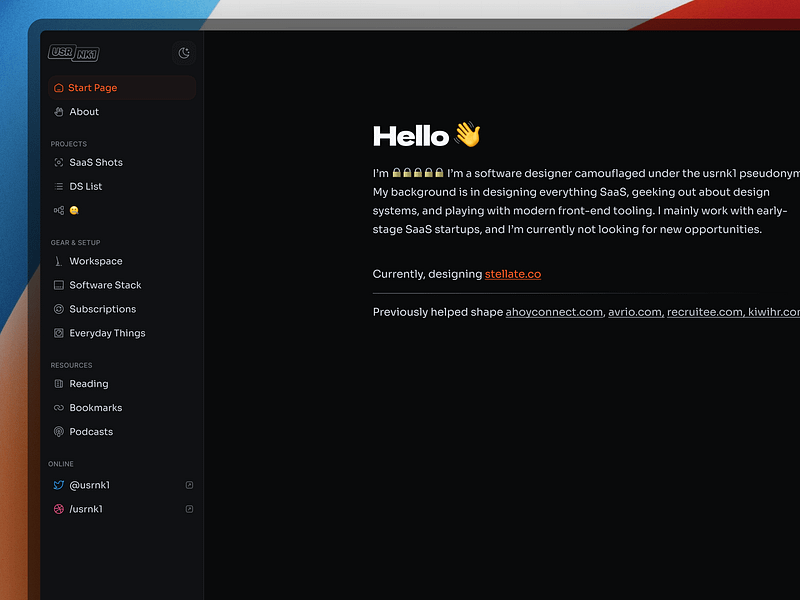 Personal Site - Dark Mode Sidebar Exploration black custom page dark dark mode figma hot orange landing page miminal orange personal site portfolio product design sidebar start page ui web website