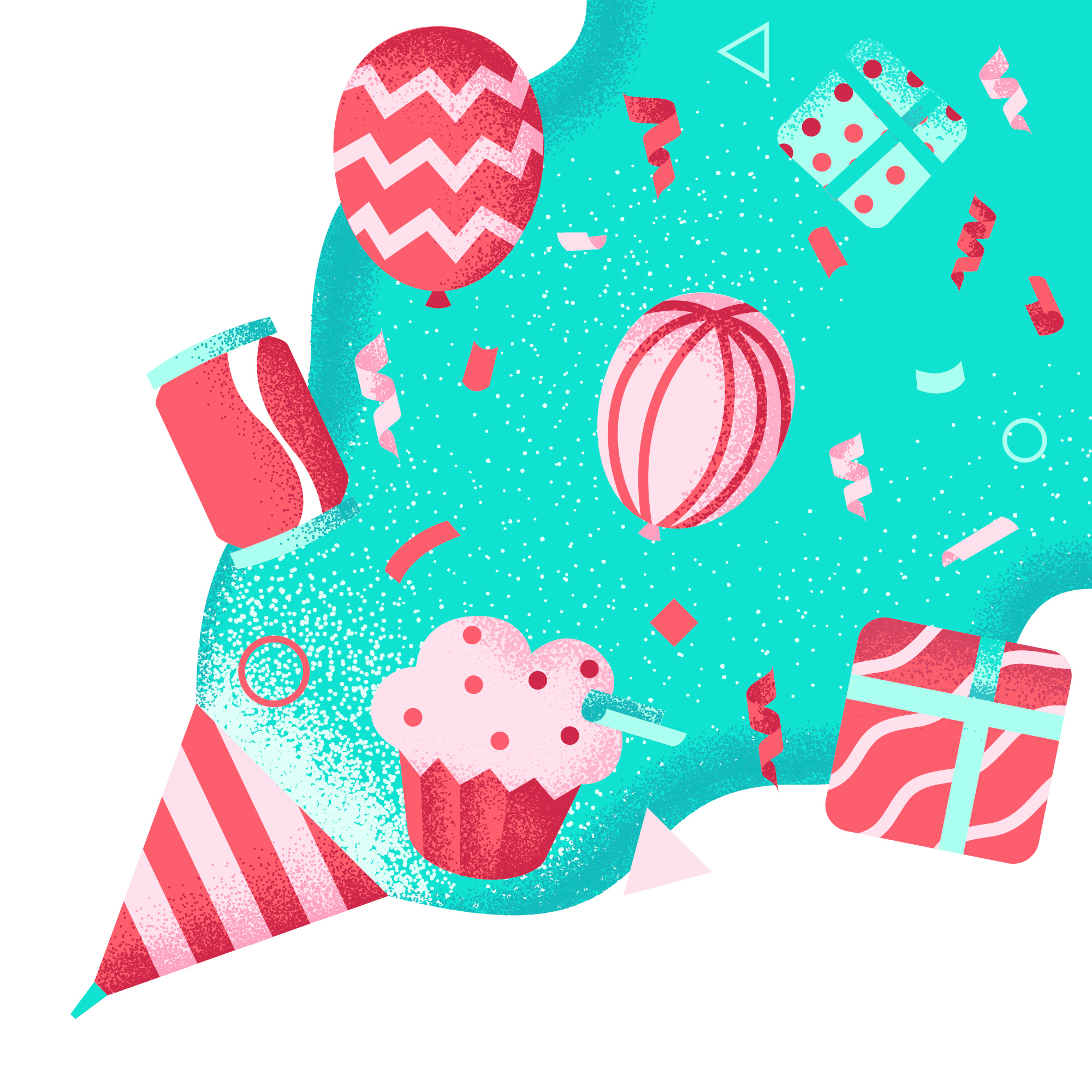 Birthday Celebration balloons banner birthday celebration cheerful colorful confetti cupcake festive fun gifts greeting card invitation party party popper poster ribbon soda can streamers vector illustration