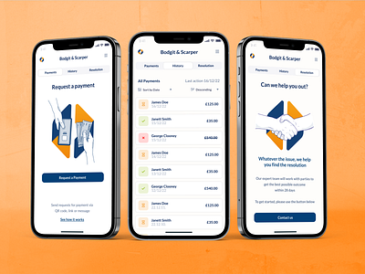 Trusted Payments - mobile app app blue brand identity clean design figma finance fintech hands illustration list logo orange payment saas states tabs transfer ui ux