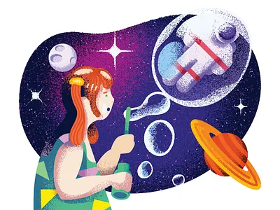 Bubble of Dream adventure astronaut bubble childhood cosmic creativity dream dreamer exploration fantasy girl illustration imagination outer space planets space stars surreal universe whimsical