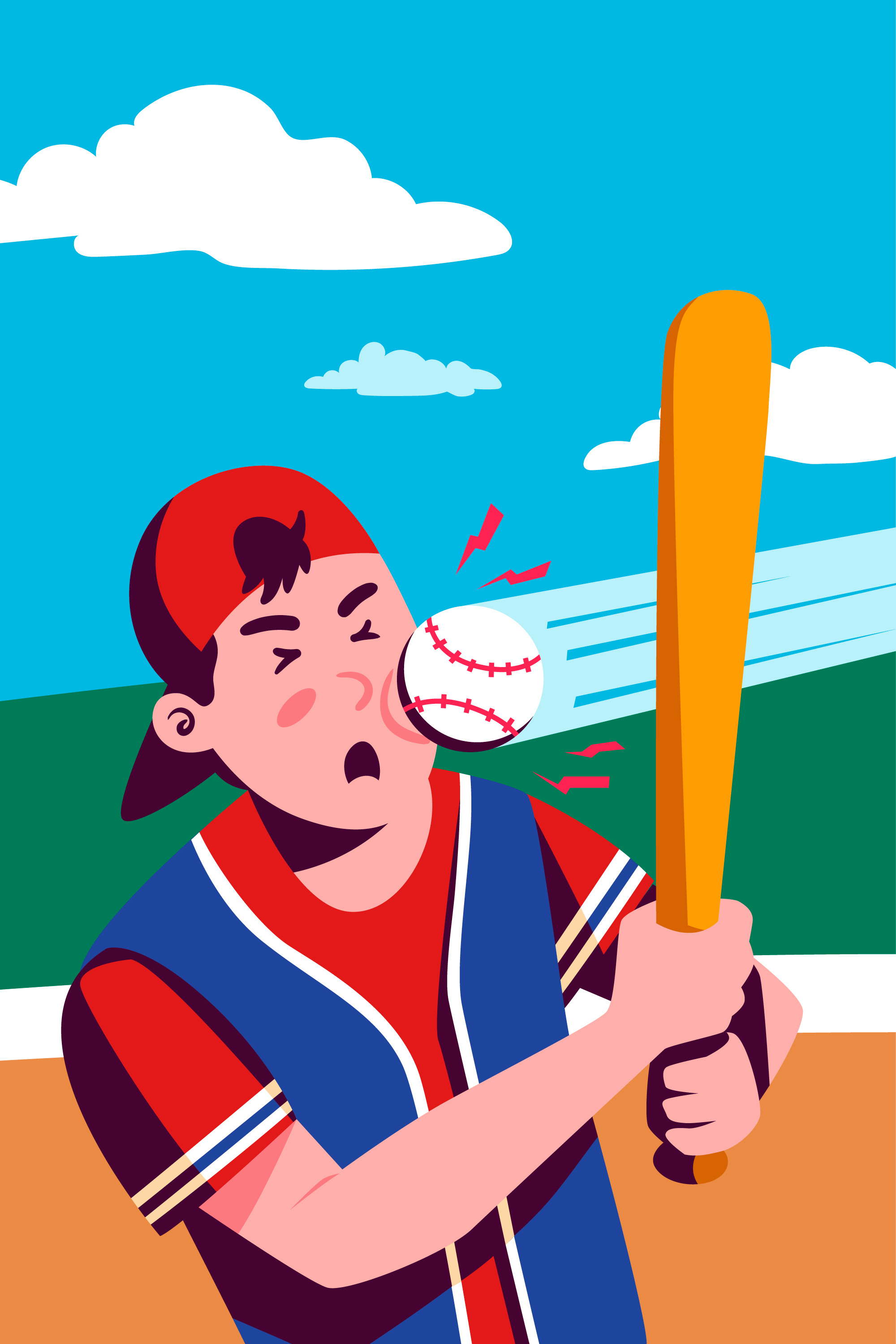 Playing Baseball athletic fail baseball baseball bat baseball cap baseball field baseball game baseball player batter cartoon baseball facial impact fail moment funny sports moment hit by ball missed swing red cap shocked face sports accident sports humor strikeout vector illustration
