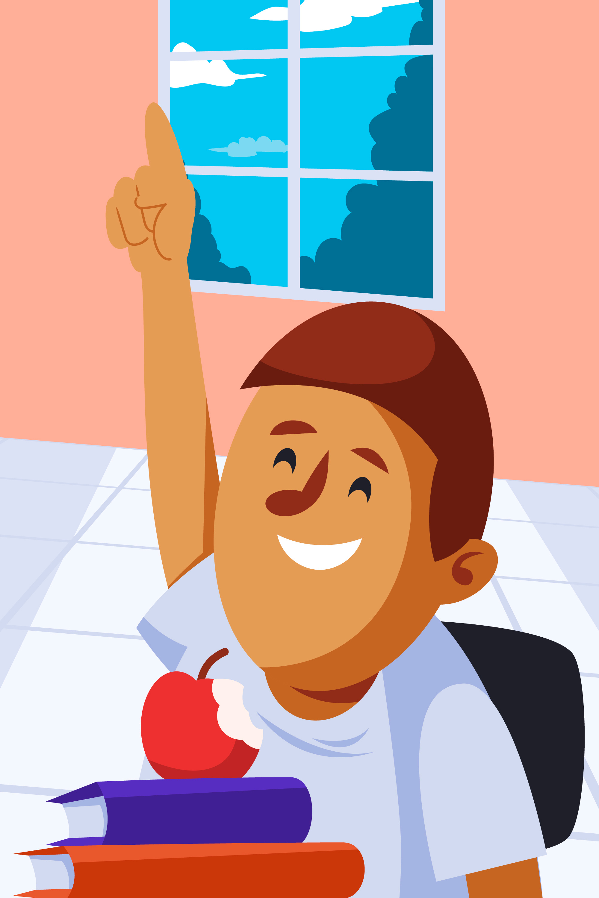 Raising Hand in The Classroom academic learning answering question books and apple cartoon character classroom classroom window education educational concept happy student knowledge learning raising hand school activity school desk school life schoolroom smiling student student study time vector illustration