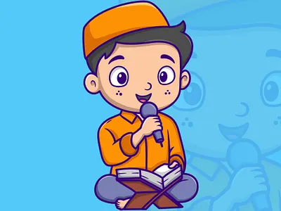 Cute Muslim boy cartoon character is reading the Quran al quran ied mubarak moslem boy praying
