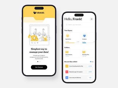 Data share App design adobe xd app data drive dropbox figma figma app files folder ios app space storage ui user interface ux yellow