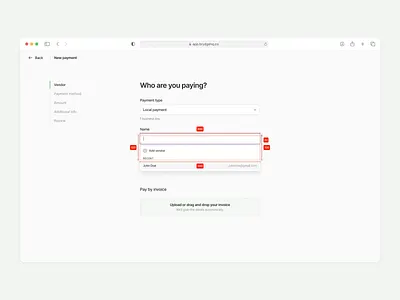 New payment - Dropdown measurements dashboard finance form invoice measurement new payment payment type progress spacing stepper ui uiux ux vendor