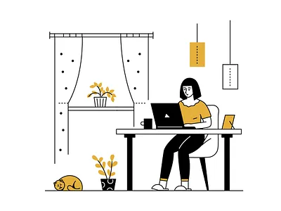 Home office line art illustration business character design flat design freelance home illustration laptop line office style vector work