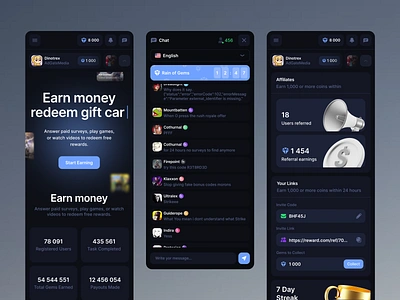 Rewards GG - Mobile Version affiliate app blockchain crypto dashboard earnings finance app game gaming links message mobile mobile landing online chat product design statistics ui ux web3