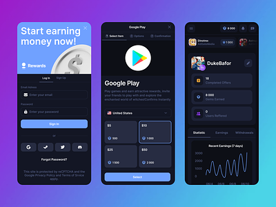 Rewards GG - Mobile Version blockchain bonus create account crypto dashboard earnings finance app game gaming gift card google pay graph log in product design profile purchase reward sign up ui ux