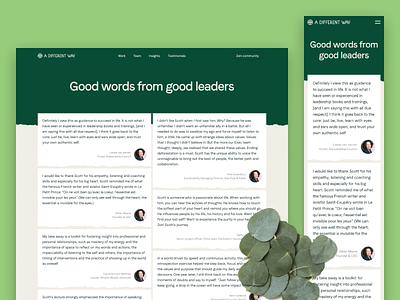 A Different Way testimonials design forest green landing page layout natural organic ornamental personal praise reviews testimonials wavy web design website