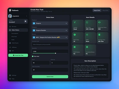 Followiz - Boost Your Social Media boost comments dark ui dashboard design finance followers game gaming likes new task order product design shop social media task telegram ui ux views