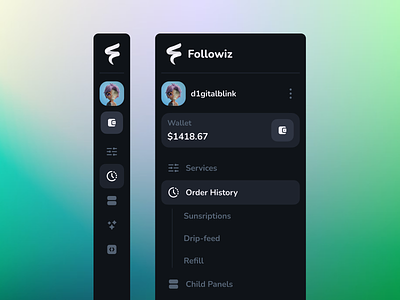 Followiz - Sidebar Design app fintech left menu menu navigation product design profile sidebar ui ux wallet web