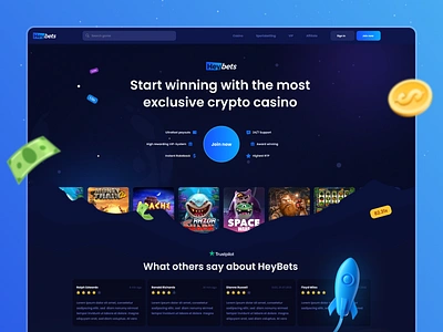 HeyBets - Online Crypto Casino Landing affiliate betting blockchain casino casino website crash crash game crypto design gambling game gaming graphic design illustration landing page roulette slots space theme trust pilot web3