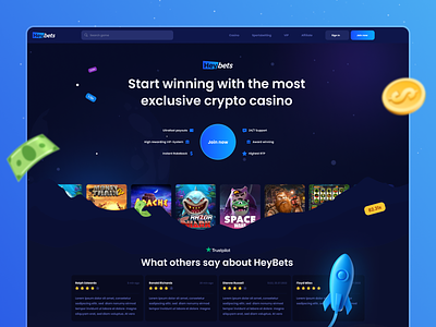 HeyBets - Online Crypto Casino Landing affiliate betting blockchain casino casino website crash game crypto design gambling game gaming graphic design hero section home page illustration landing page slots space theme trust pilot web3