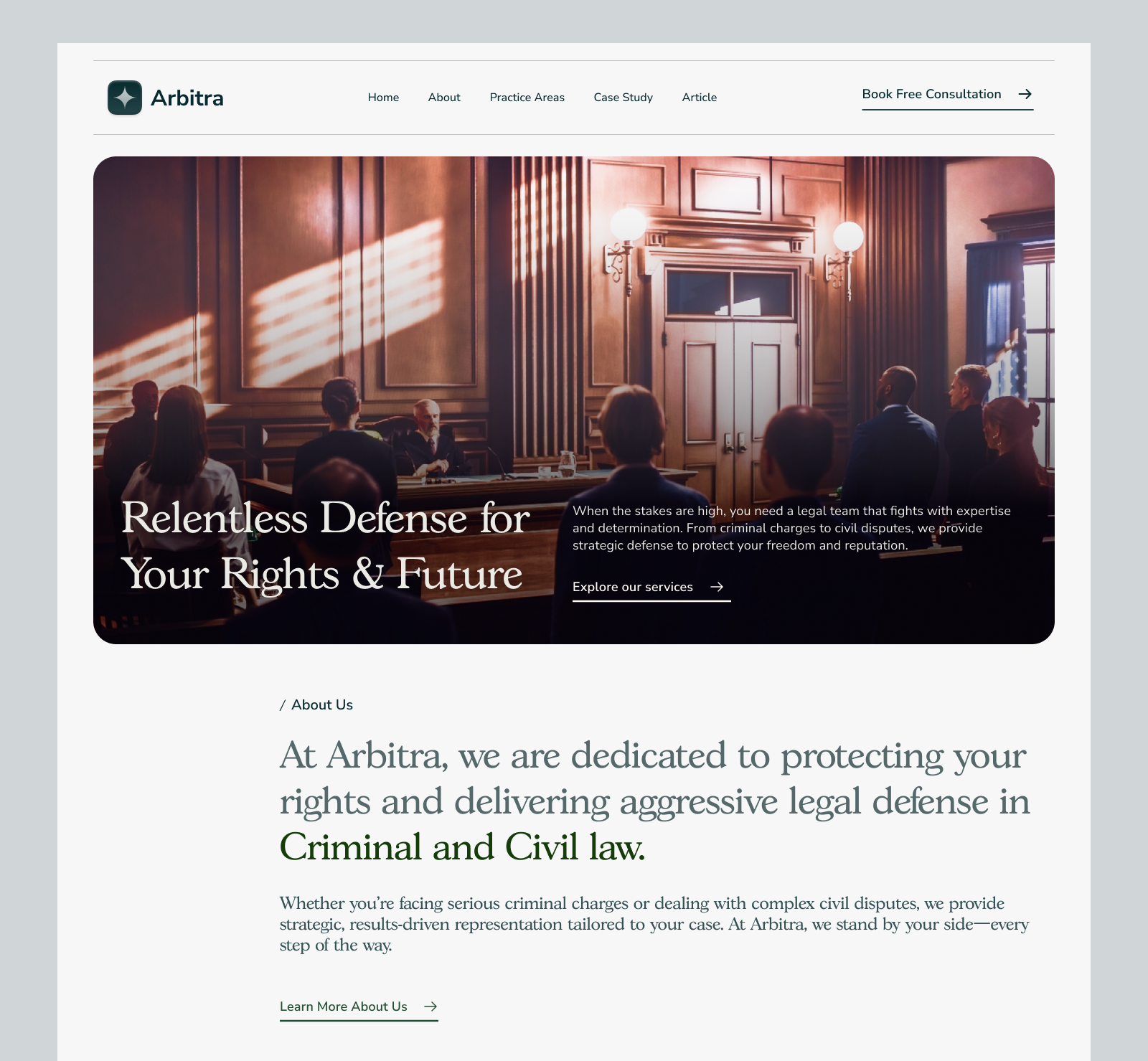 Arbitra - Law Firm Landing Page Design landingpage lawfirmdesign lawyerwebsite legalux legalwebsite minimalui modernlandingpage uiuxdesign